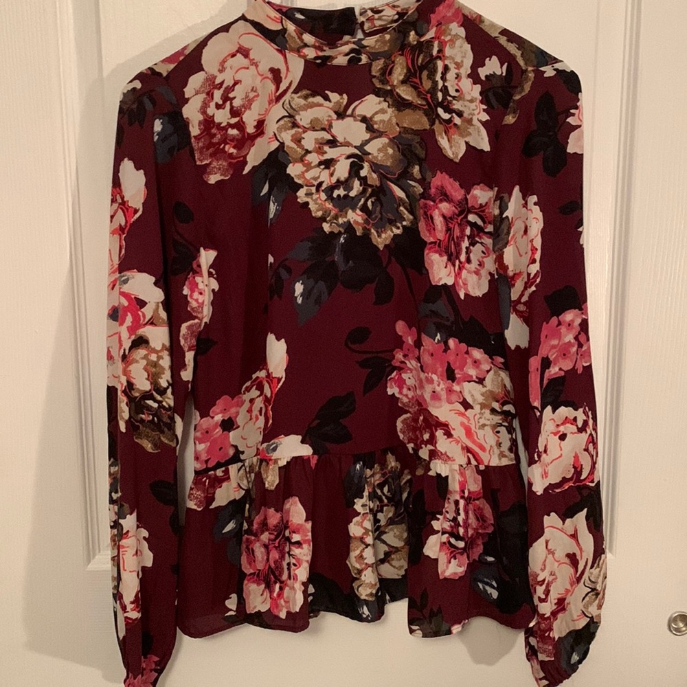 Loft Outlet Gorgeous Burgundy High Neck Floral Work Blouse-XXS Petite